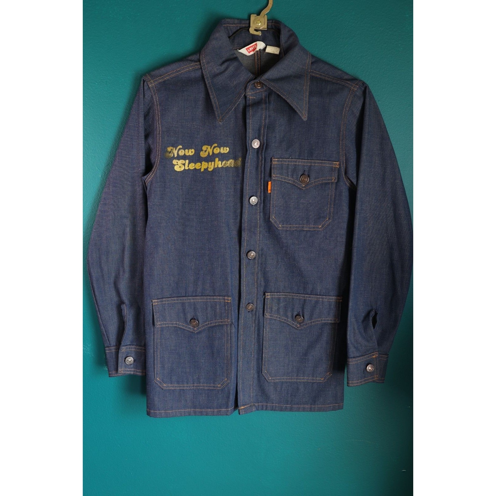 Vintage 70s Levis Denim Chore Jacket Orange Tab Point Collar Western Snap Men S